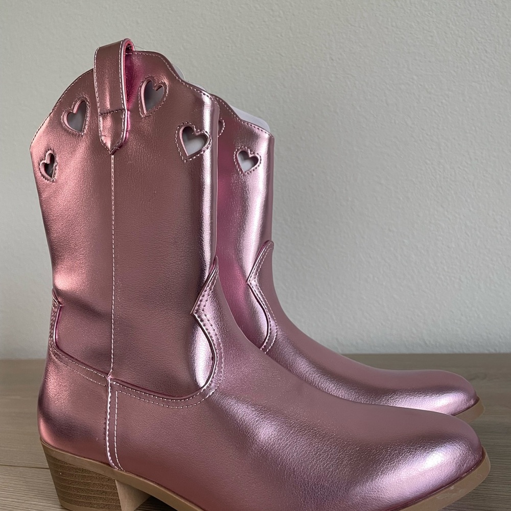 Wonder Nation Girls Metallic Pink Heart Cut-Out Western Cowboy Boots Size 6